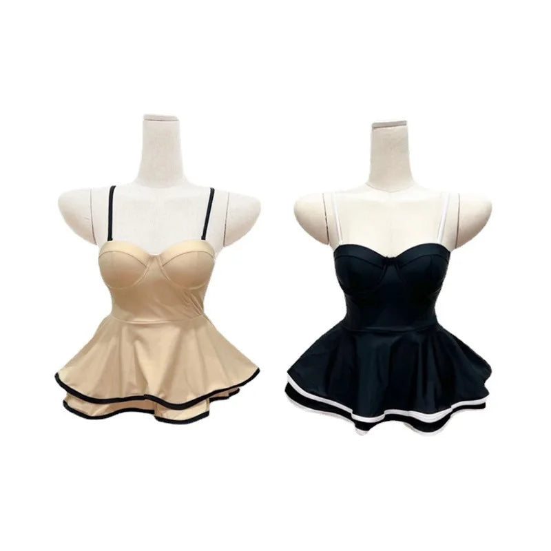 Saashi French Style Retro Little Black Dress Swimsuit - Japanese Korean One-Piece Bikini