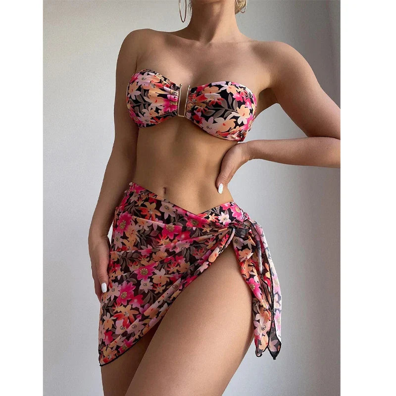 Cyflymder  Printing Split Bikini Set Women Swimsuit Metal U-shaped Decoration Bandage G-string Bikini Cover Ups Sexy 3 Piece Sets Beachwear - Seldom Seen Styles