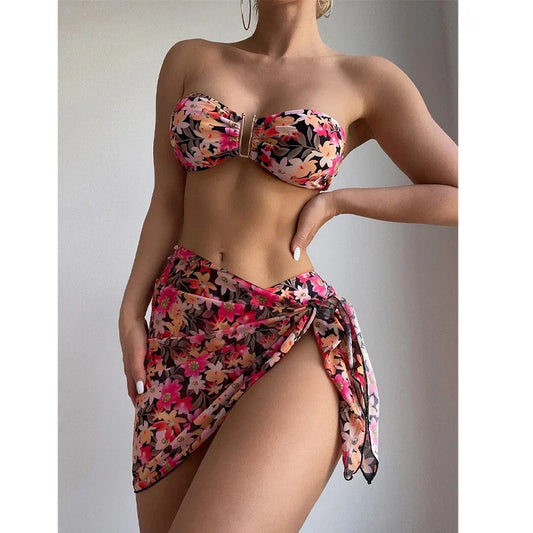 Cyflymder  Printing Split Bikini Set Women Swimsuit Metal U-shaped Decoration Bandage G-string Bikini Cover Ups Sexy 3 Piece Sets Beachwear