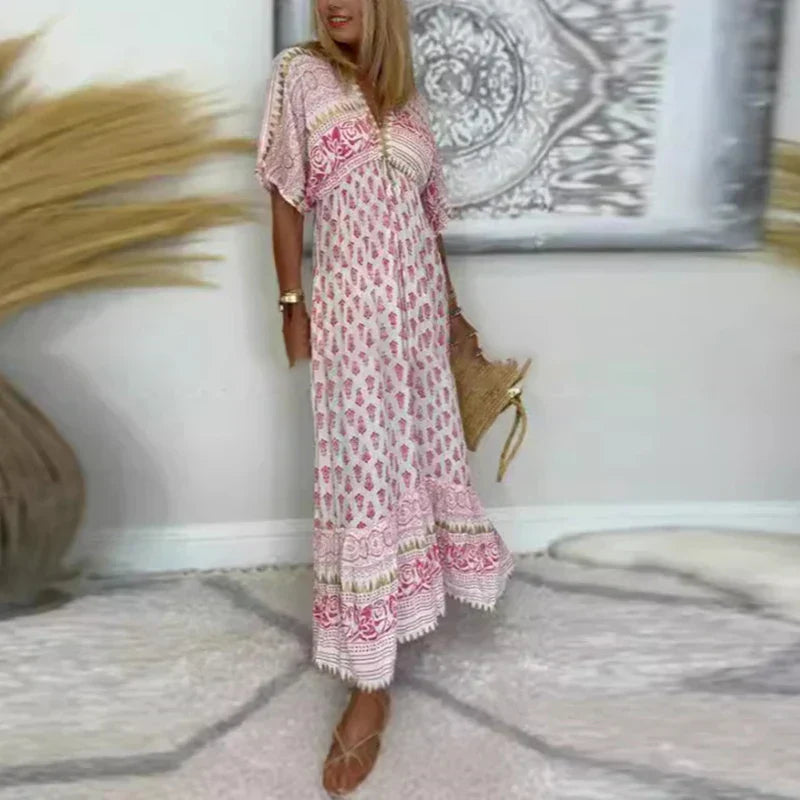 Women's Boho Print Maxi Dress Pink Floral Long Loose V-Neck Short Sleeve Summer Beach Casual Flowy Sundress - Seldom Seen Styles