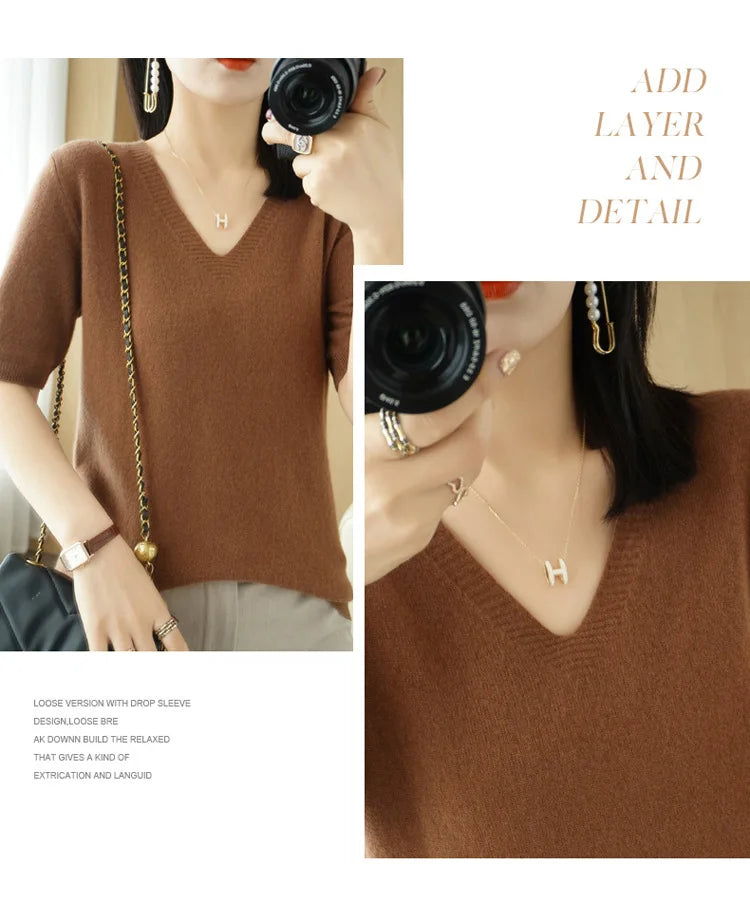 Spring/Summer 2022 Ladies Sweater Pullover Solid Color V-neck Half-sleeved Knitted Cashmere Sweater Thin Casual Top