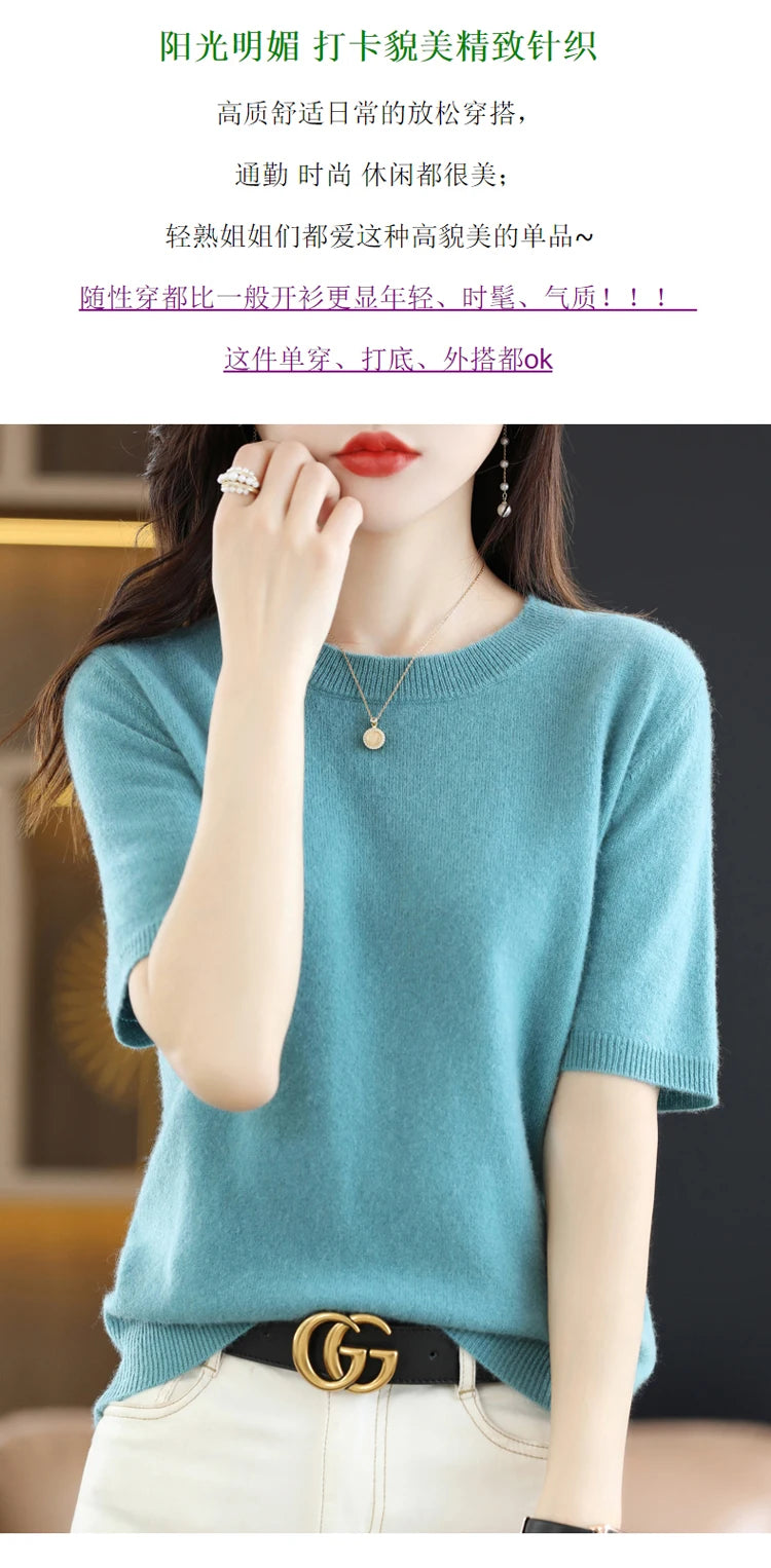 Spring and Summer New Short-sleeved Women O-neck Slim Wool Cotton Blend Pullover Vest T-shirt Knitted Base Sweater