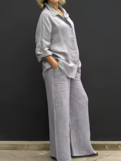Ensemble 2 pièces en coton et lin pour femme, haut à manches longues et boutons, taille élastique ample, pantalon long à jambes larges avec 2 poches