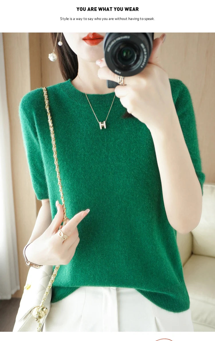 Spring and Summer New Short-sleeved Women O-neck Slim Wool Cotton Blend Pullover Vest T-shirt Knitted Base Sweater