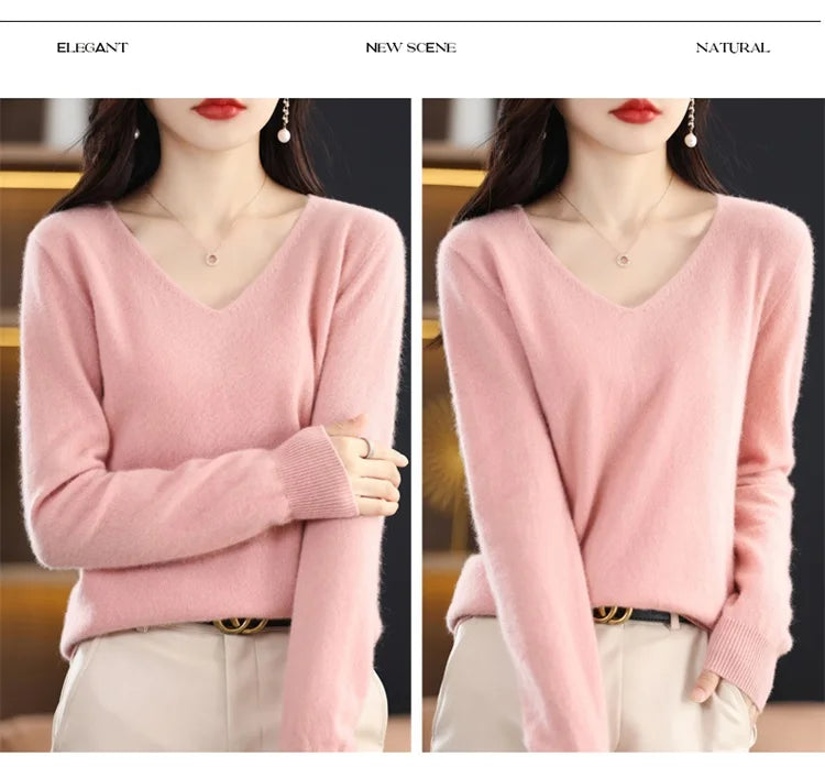 Merino Wool Women's Autumn And Winter Solid Color V-Neck Long-Sleeved Loose Knitted Sweater