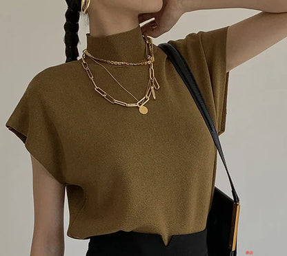 Fashion Vest Shirt Solid Stand-up Collar Knitted Sweater Short Sleeve Office Lady Loose Elegant  All-Match Straight Tops 20397