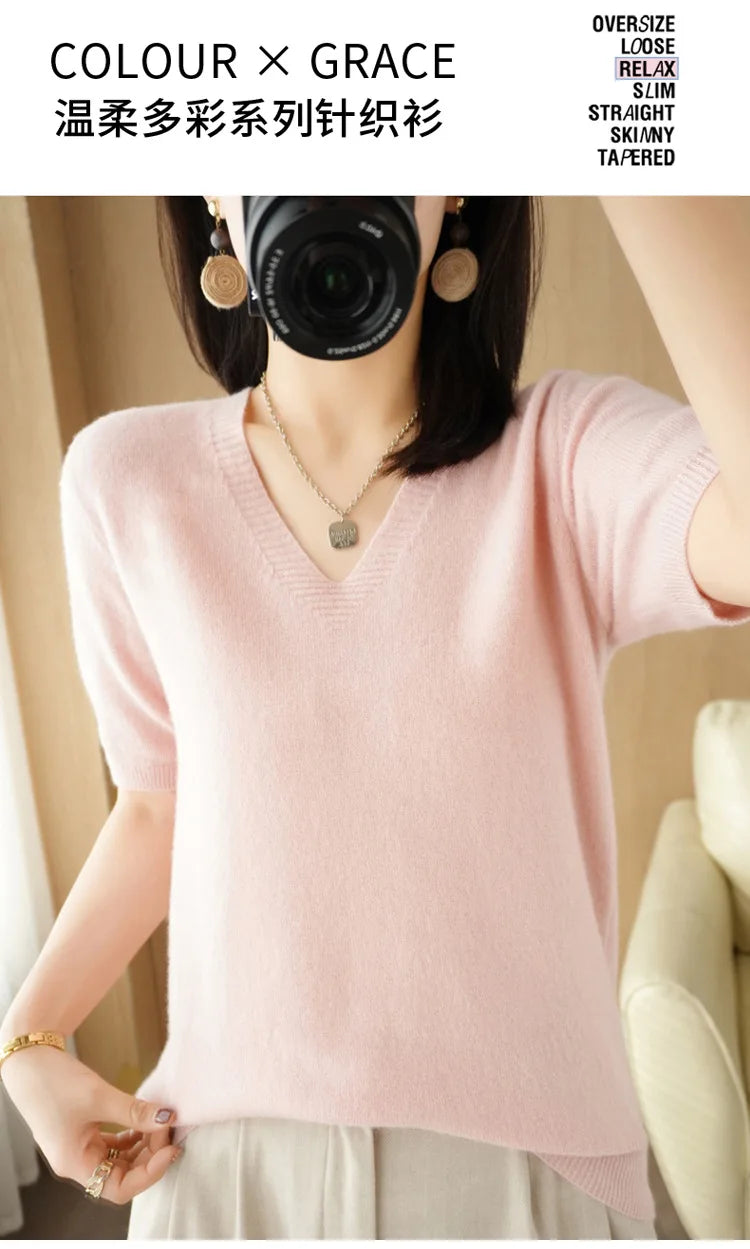 Spring/Summer 2022 Ladies Sweater Pullover Solid Color V-neck Half-sleeved Knitted Cashmere Sweater Thin Casual Top