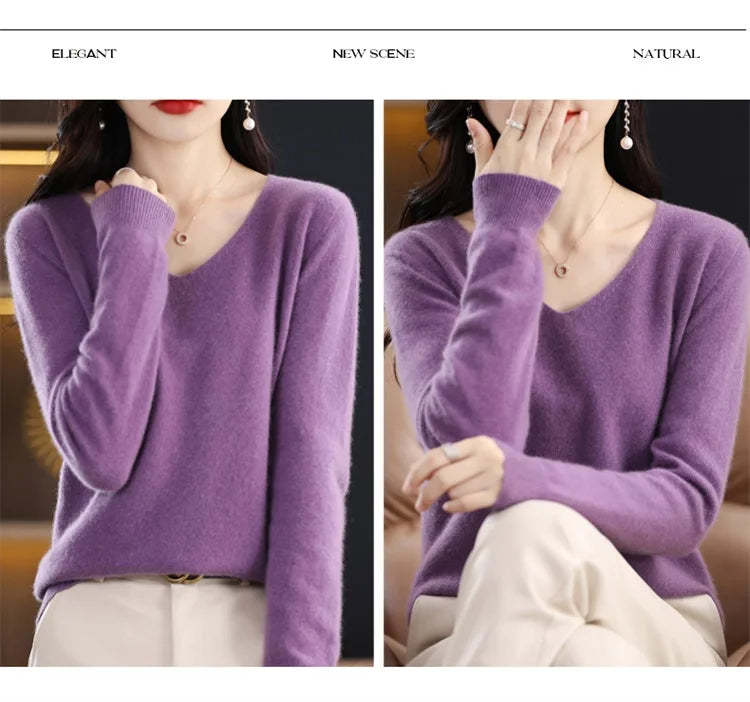 Merino Wool Women's Autumn And Winter Solid Color V-Neck Long-Sleeved Loose Knitted Sweater