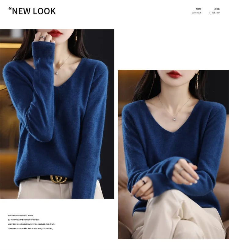 Merino Wool Women's Autumn And Winter Solid Color V-Neck Long-Sleeved Loose Knitted Sweater