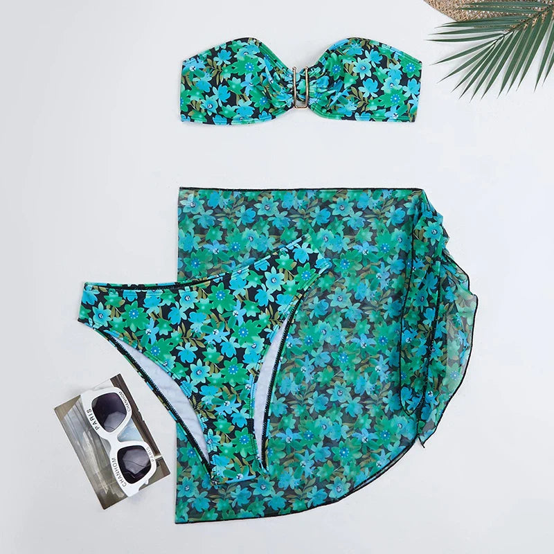 Cyflymder  Printing Split Bikini Set Women Swimsuit Metal U-shaped Decoration Bandage G-string Bikini Cover Ups Sexy 3 Piece Sets Beachwear - Seldom Seen Styles