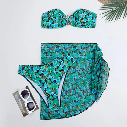 Cyflymder  Printing Split Bikini Set Women Swimsuit Metal U-shaped Decoration Bandage G-string Bikini Cover Ups Sexy 3 Piece Sets Beachwear