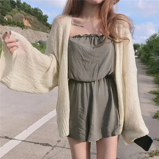 Knitted Cardigan for Women Summer Oversized Knit Loose Coat Sweater Korean Top Solid Cropped Cardigan Y2k Sweater Beach Blouses