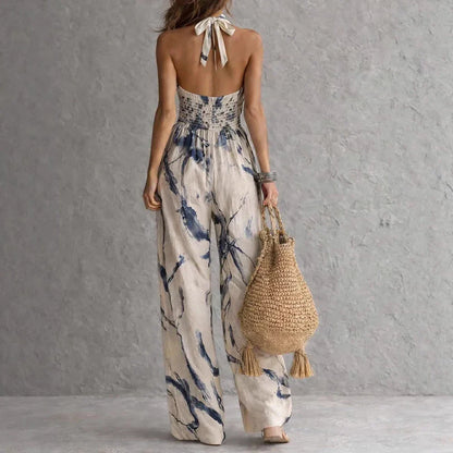 Women's Halter Neck Flowy Jumpsuit Loose High Waist Sleeveless Summer Beach Vacation Romper