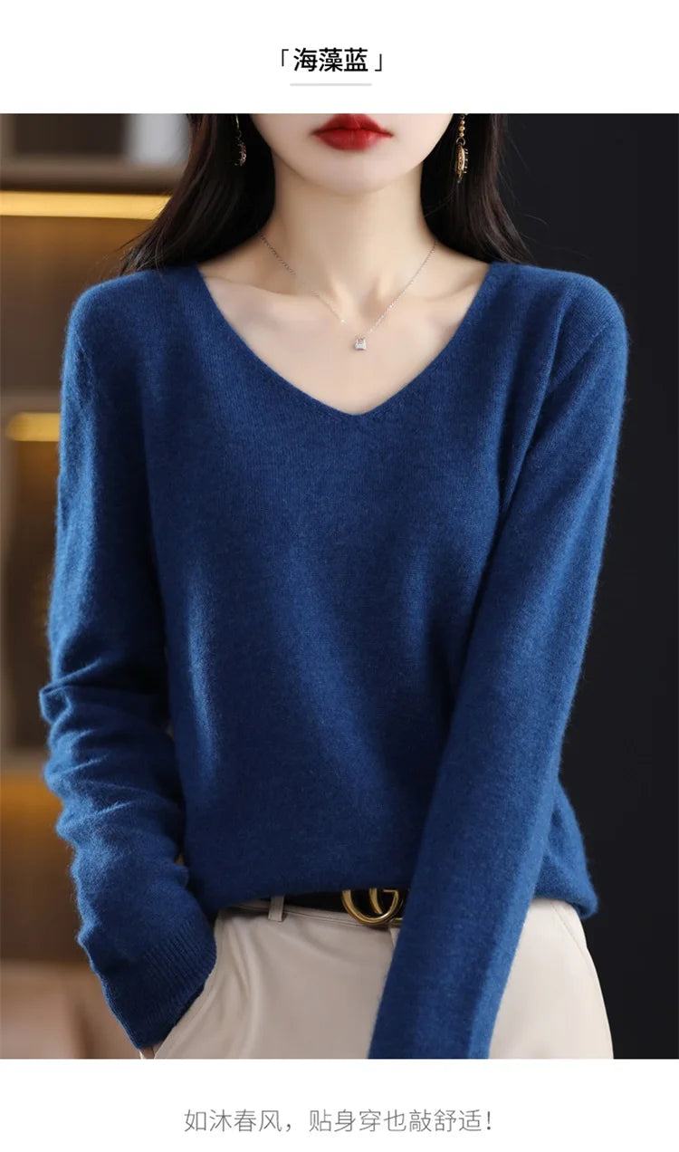 Merino Wool Women's Autumn And Winter Solid Color V-Neck Long-Sleeved Loose Knitted Sweater