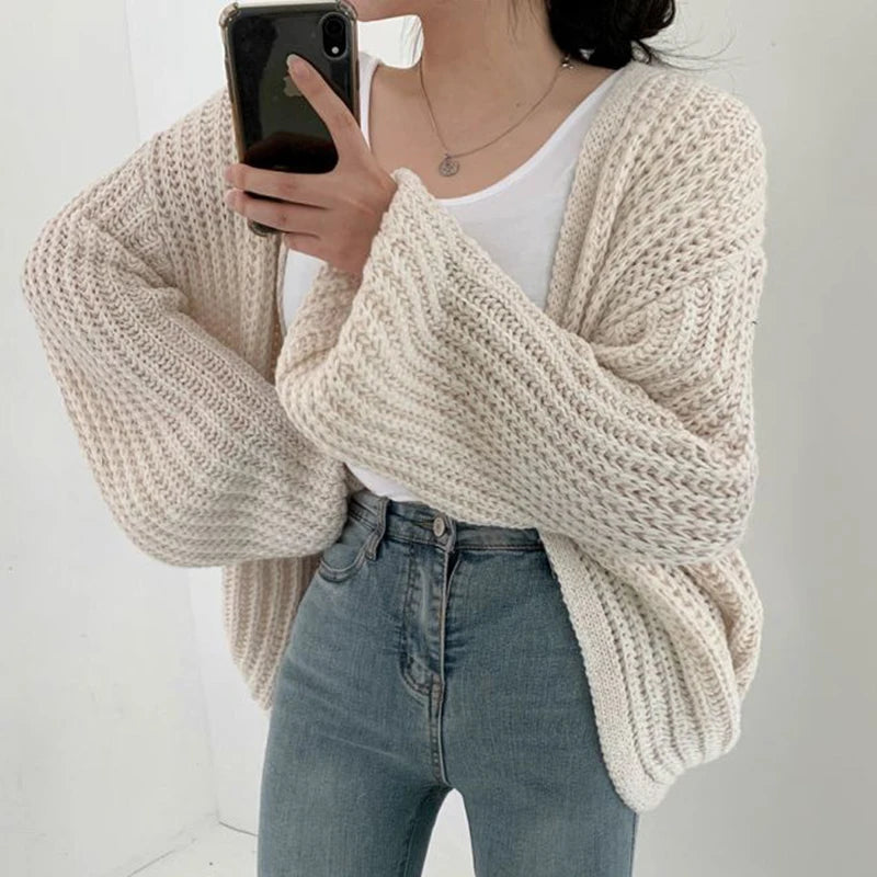 Vintage Harajuku Lantern Sleeve Dam Cardigan Sweater Casual Koreansk höst Streetwear Toppar Kappa Chic Lazy Wind Y2k Sweater