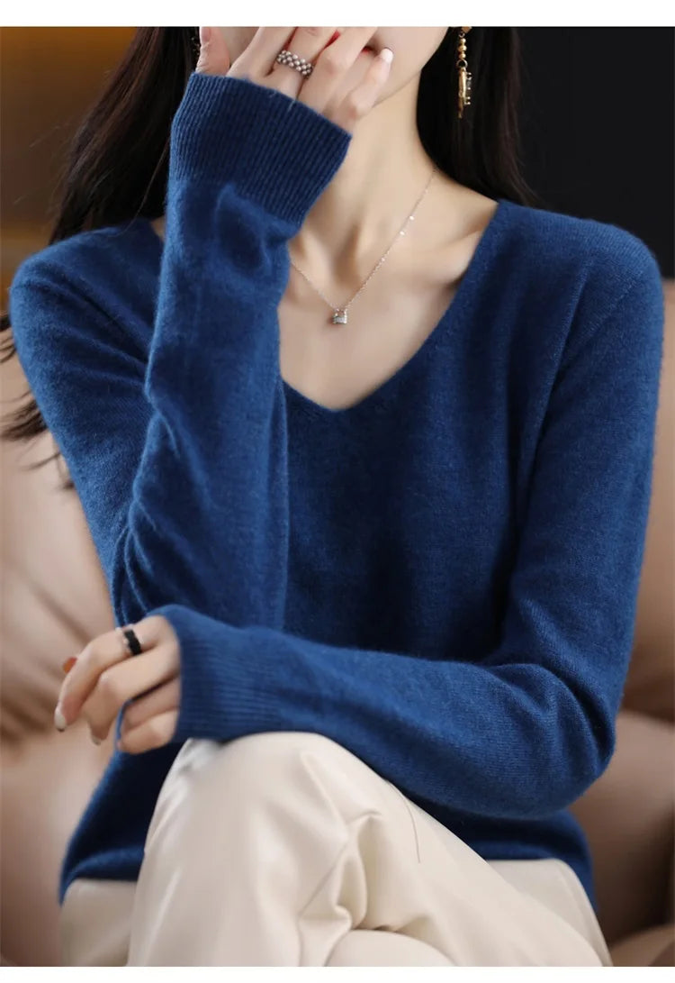 Merino Wool Women's Autumn And Winter Solid Color V-Neck Long-Sleeved Loose Knitted Sweater