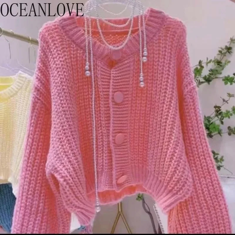 OCEANLOVE Candy Color Women Cardigans Sweet Korean Fashion Autumn Winter Basics Sweaters Elegant Casual Thick Sueter De Mujer