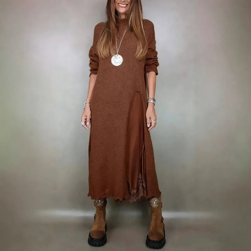 Valérie Set with Charming Satin Dress and Long Handcrafted Knit Sweater / Timeless Sophistication in Every Detail!