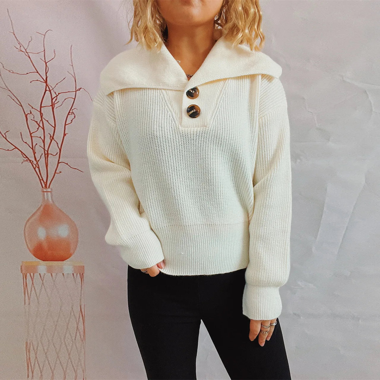 2023 Herbst/Winter Neue Büro Einfache Polo Einfarbig Top Gestrickte Pullover Pullover Für Frauen