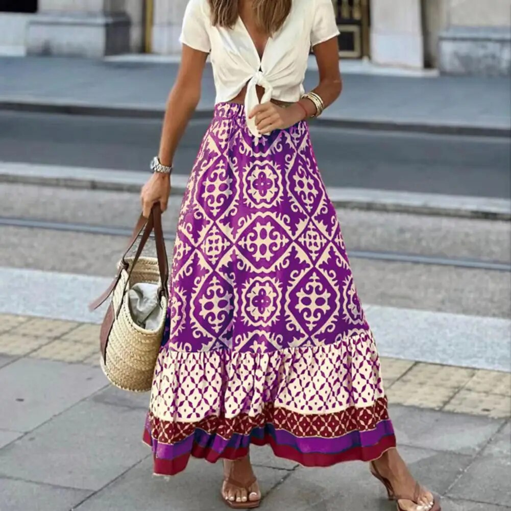 Seville | Women's Boho Maxi Skirt High Waist Floral Print Ruffle - Seldom Seen Styles