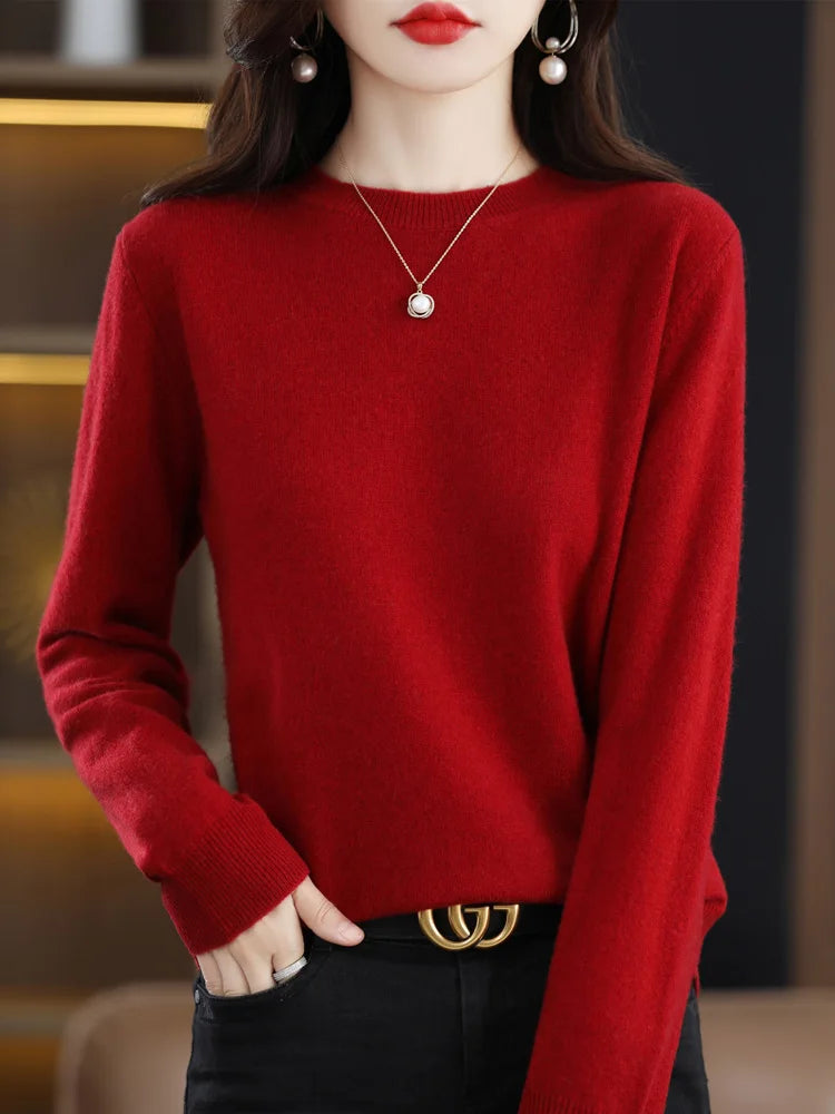 Fashion 100% Merino Wool Sweater Cashmere Pullover O-Neck Long Sleeve Women Knitwear Autumn Winter Clothing Aliselect Tops