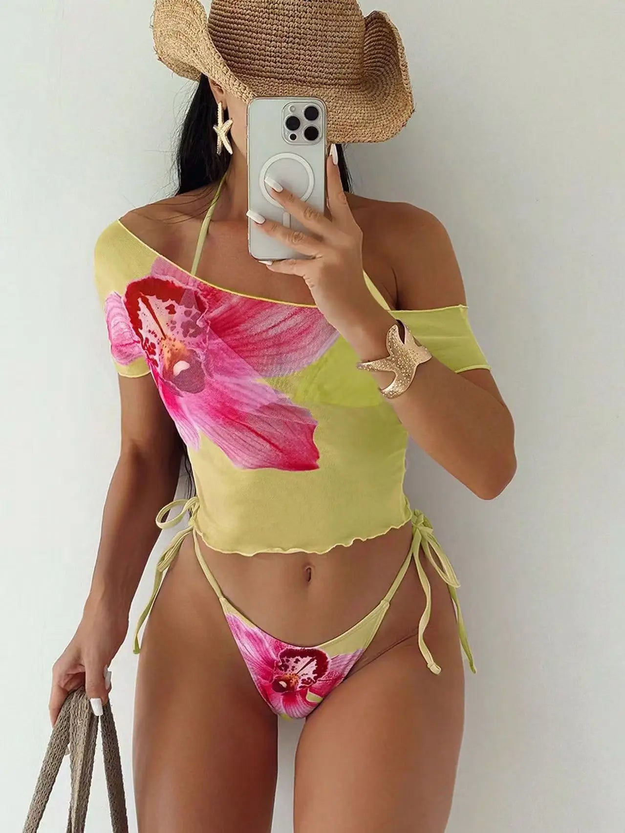 Cyflymder  Women Three Piece Bikini Set Vintage Floral Print Lace Up Micro Bikini Mesh Short Sleeve Tops Cover-Up Beach Pool Party Swimsuit - Seldom Seen Styles