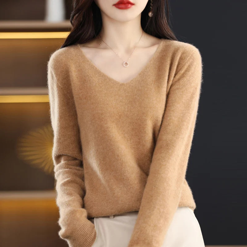 Merino Wool Women's Autumn And Winter Solid Color V-Neck Long-Sleeved Loose Knitted Sweater