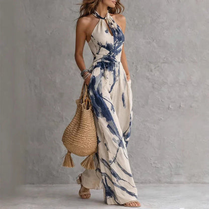 Women's Halter Neck Flowy Jumpsuit Loose High Waist Sleeveless Summer Beach Vacation Romper