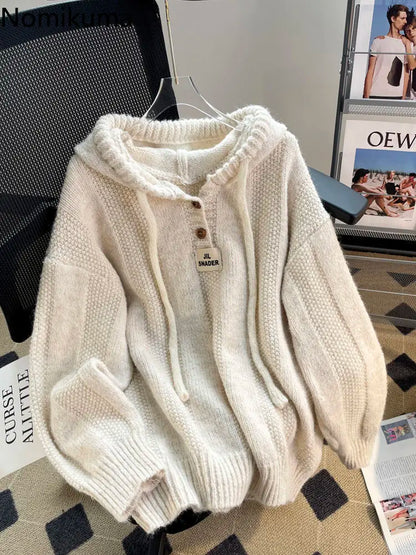 Preppy Style Korean Sweater Women Thicked Casual Sueter Mujer Hooded Drawstring Jumper Fashion Knit Pullovers Tops Pull Femme