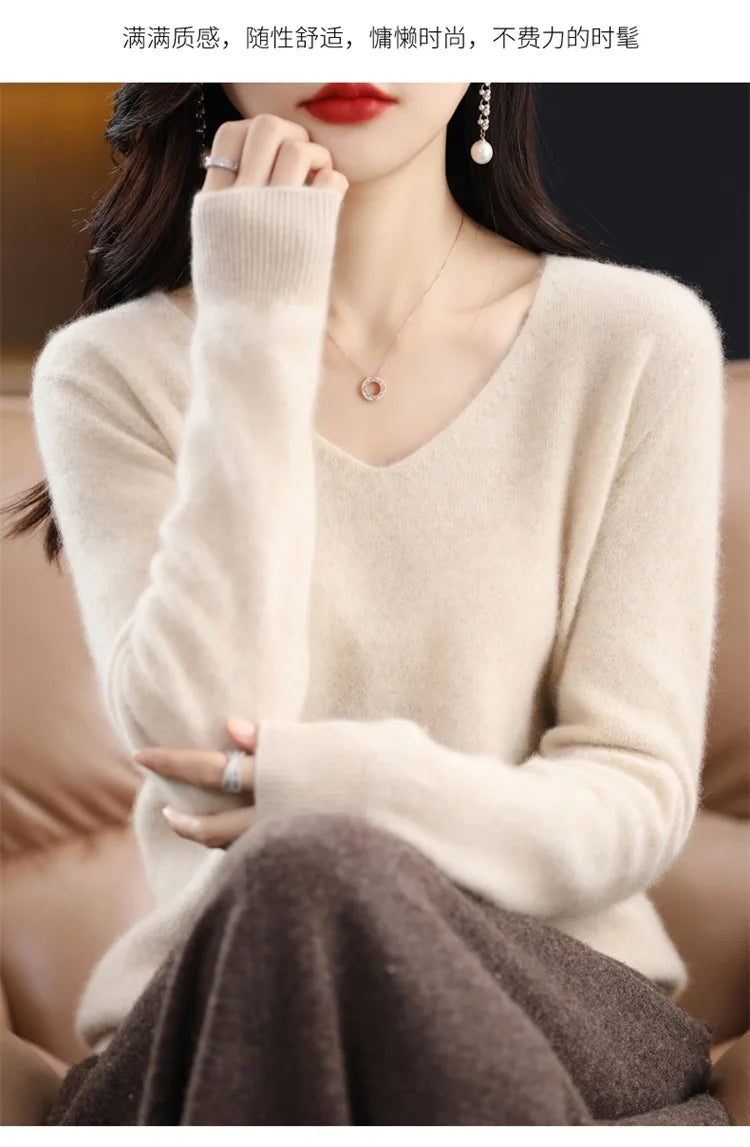 Merino Wool Women's Autumn And Winter Solid Color V-Neck Long-Sleeved Loose Knitted Sweater