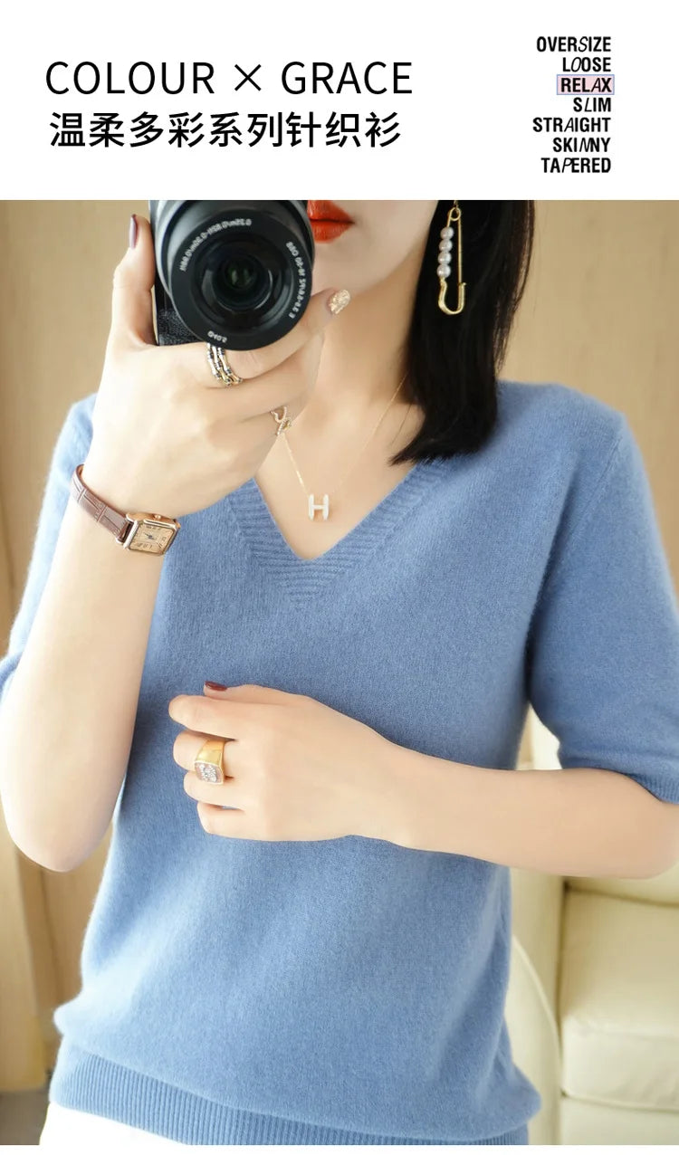 Spring/Summer 2022 Ladies Sweater Pullover Solid Color V-neck Half-sleeved Knitted Cashmere Sweater Thin Casual Top