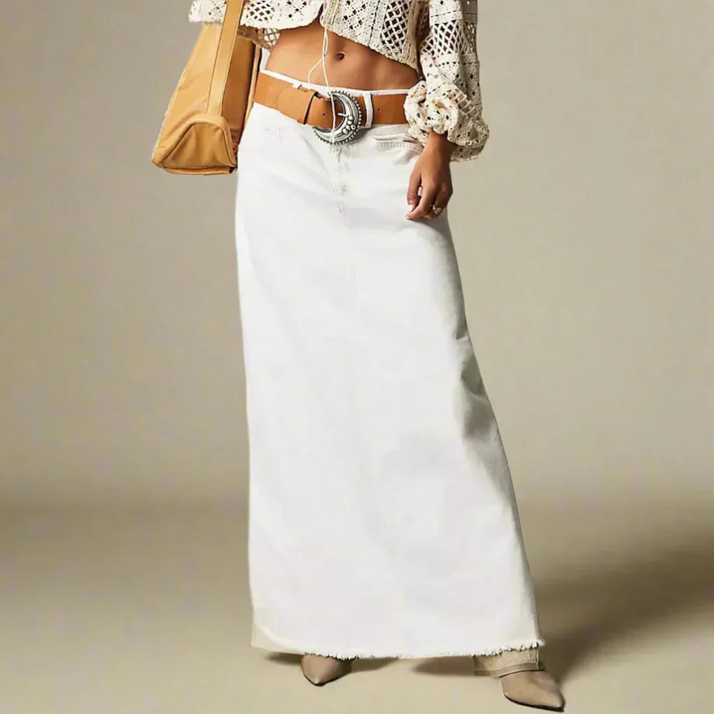 Women's High Waist Straight Denim Maxi Skirt with Raw Hem