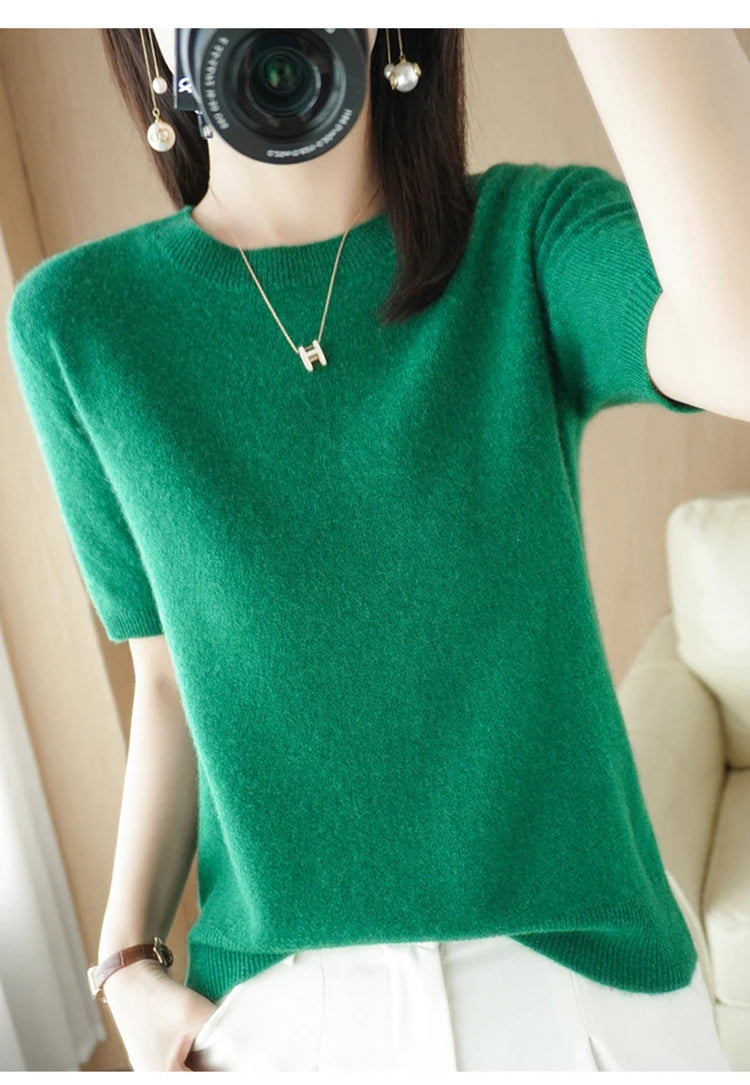 Spring and Summer New Short-sleeved Women O-neck Slim Wool Cotton Blend Pullover Vest T-shirt Knitted Base Sweater