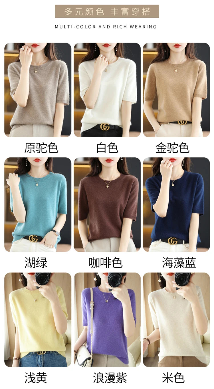 Spring and Summer New Short-sleeved Women O-neck Slim Wool Cotton Blend Pullover Vest T-shirt Knitted Base Sweater