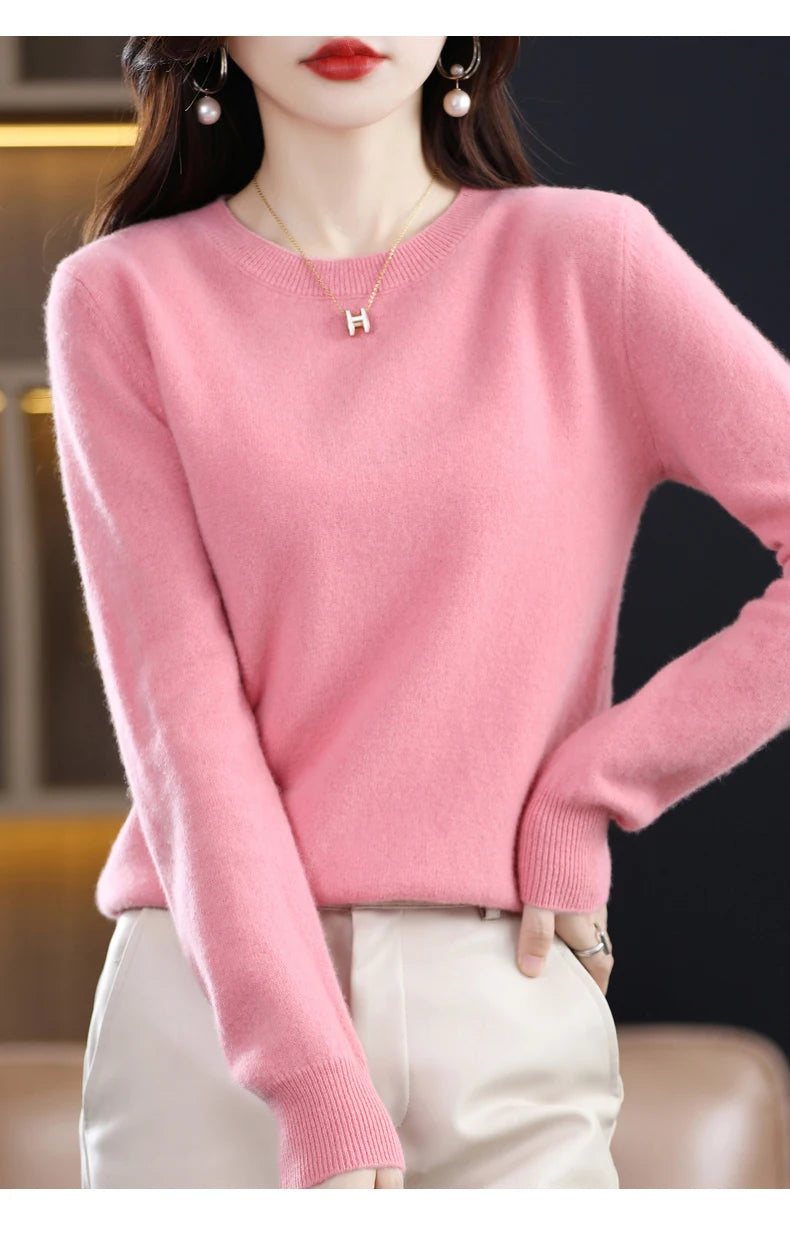 Women's 100% Pure Wool Cashmere Sweater O-Neck Pullover Knitted Casual Sweater Winter New  Long-Sleeved Warm High-Grade Jumper