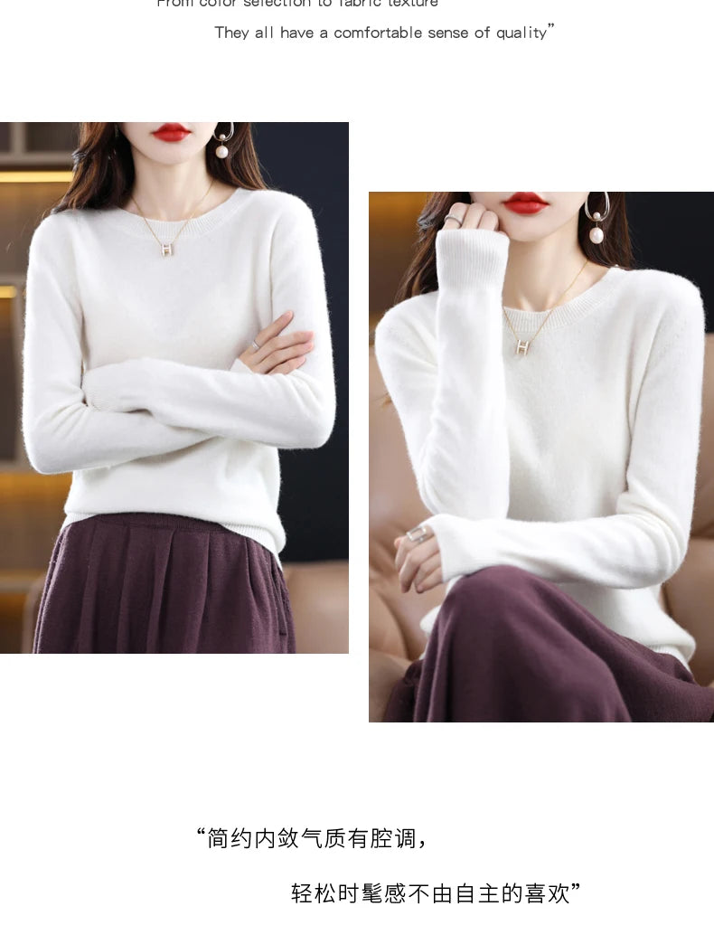 Women's 100% Pure Wool Cashmere Sweater O-Neck Pullover Knitted Casual Sweater Winter New  Long-Sleeved Warm High-Grade Jumper