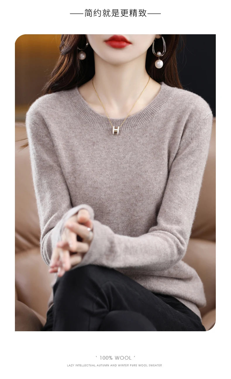 Women's 100% Pure Wool Cashmere Sweater O-Neck Pullover Knitted Casual Sweater Winter New  Long-Sleeved Warm High-Grade Jumper