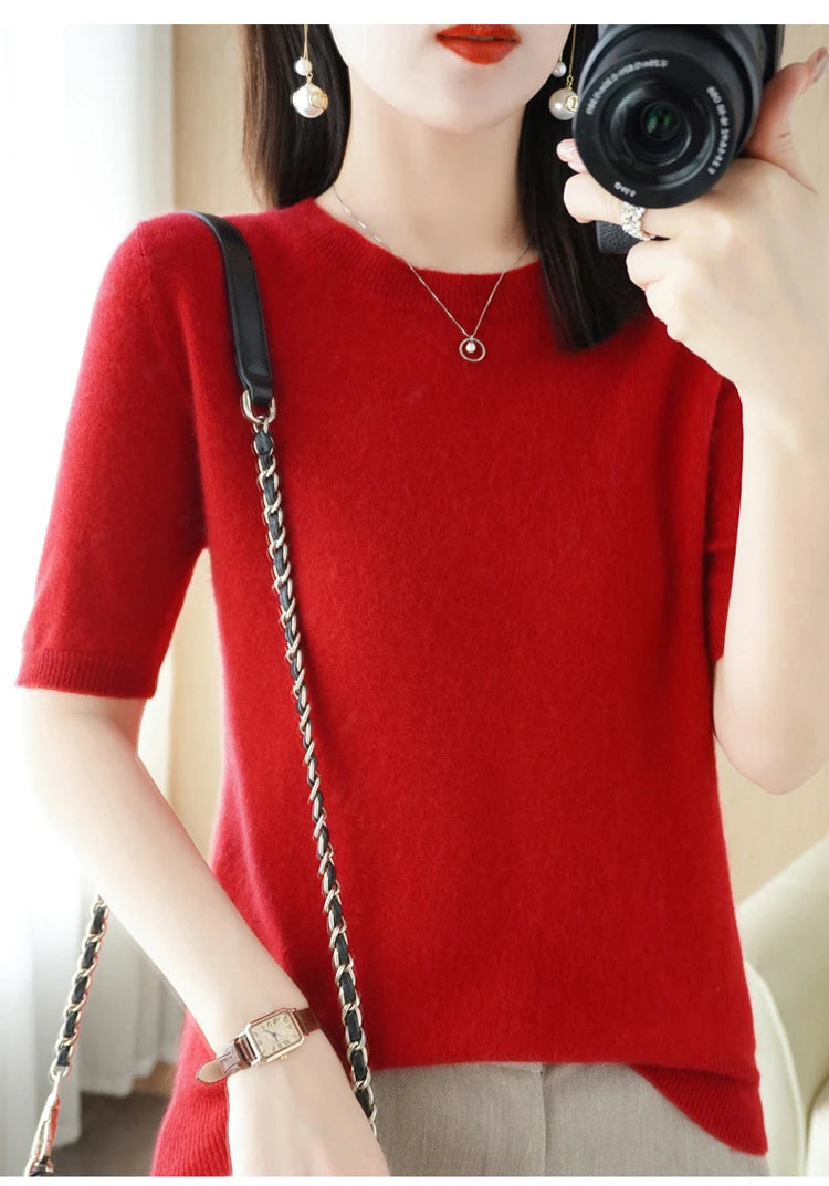 Spring and Summer New Short-sleeved Women O-neck Slim Wool Cotton Blend Pullover Vest T-shirt Knitted Base Sweater