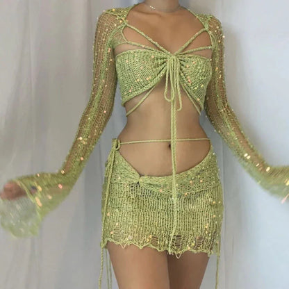 Knitted Sequin Crop Top and Skirt Matching Set