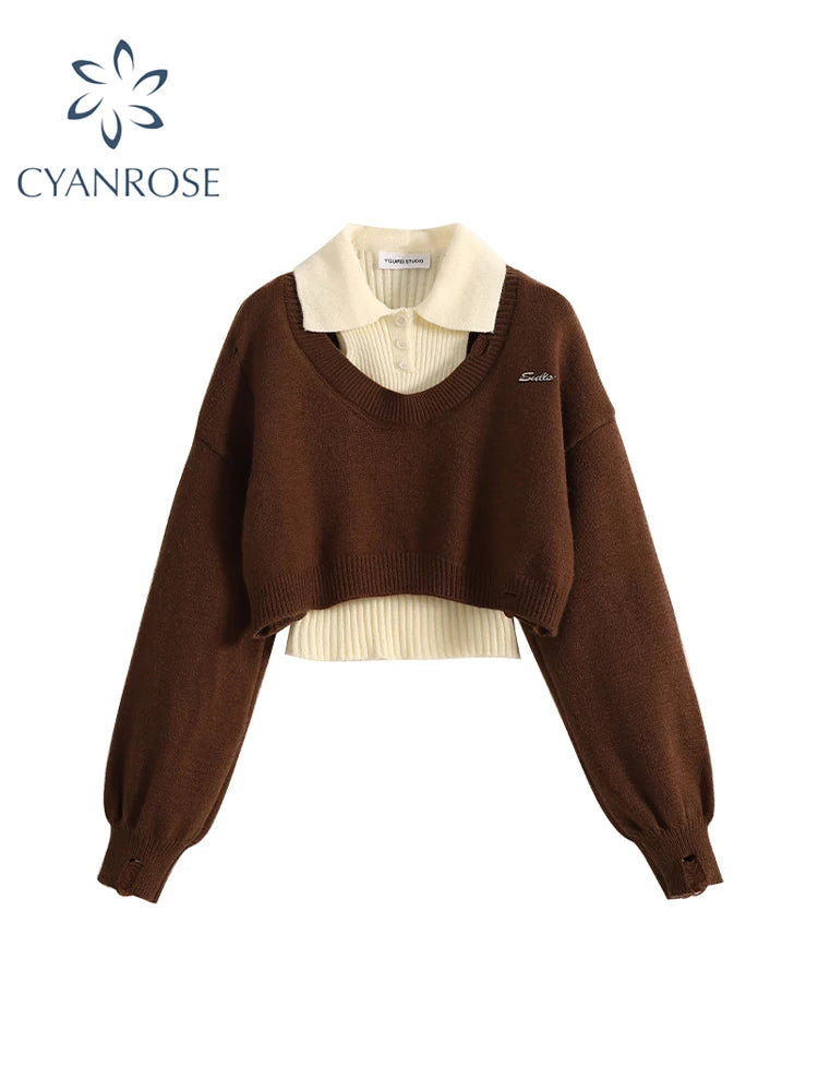 Women Two-piece Set Coffee Pullover Sweater Aesthetic Y2k Elegant Vintage Long Sleeves Knitted Jumper Sweater 2000s Clothes 2024