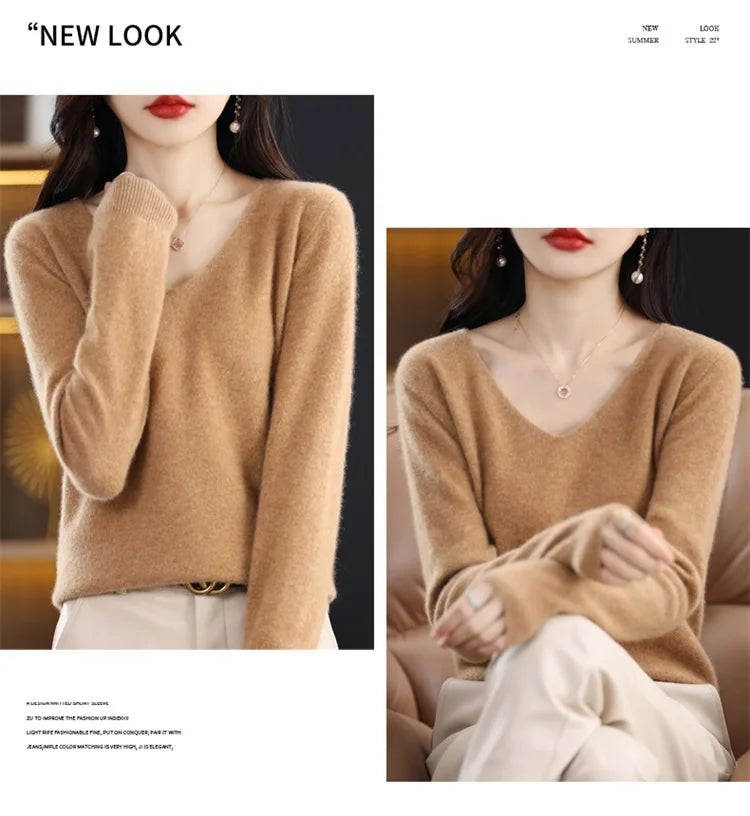 Merino Wool Women's Autumn And Winter Solid Color V-Neck Long-Sleeved Loose Knitted Sweater