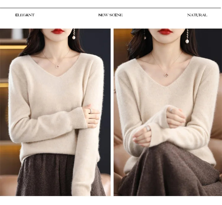 Merino Wool Women's Autumn And Winter Solid Color V-Neck Long-Sleeved Loose Knitted Sweater