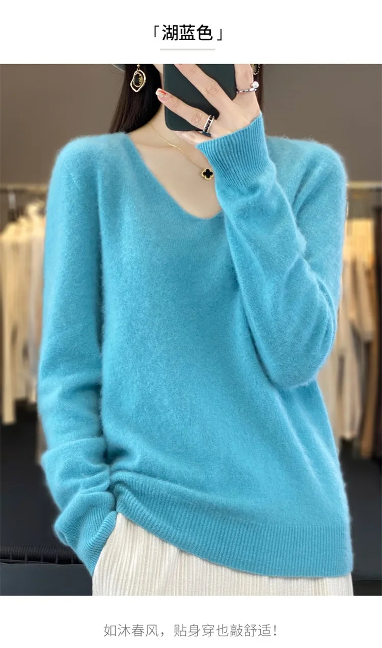 Merino Wool Women's Autumn And Winter Solid Color V-Neck Long-Sleeved Loose Knitted Sweater