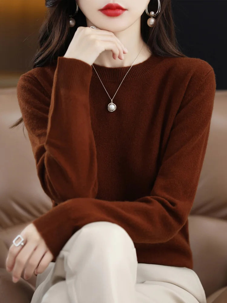 Fashion 100% Merino Wool Sweater Cashmere Pullover O-Neck Long Sleeve Women Knitwear Autumn Winter Clothing Aliselect Tops