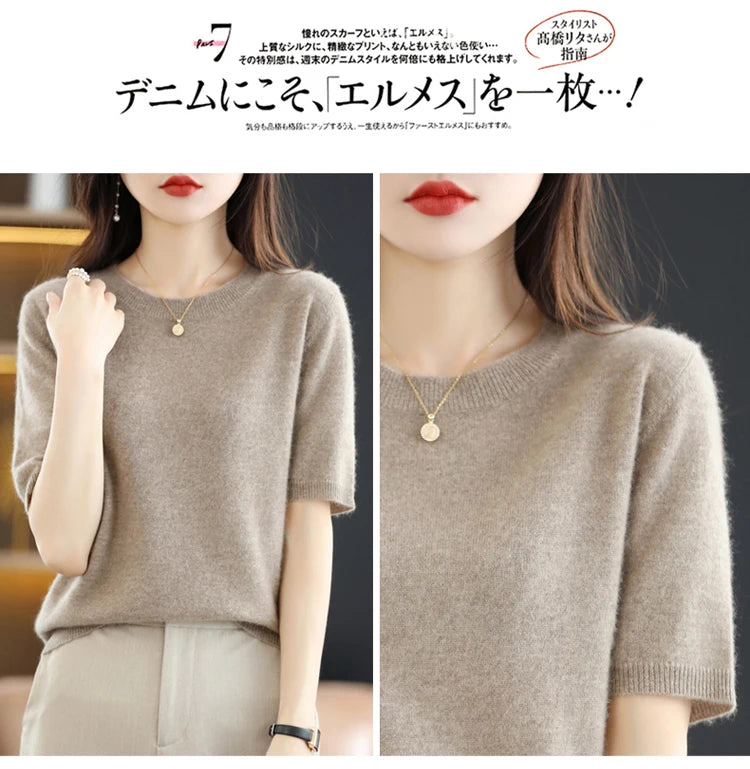 Spring and Summer New Short-sleeved Women O-neck Slim Wool Cotton Blend Pullover Vest T-shirt Knitted Base Sweater