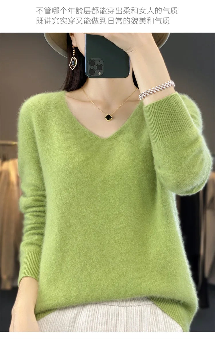 Merino Wool Women's Autumn And Winter Solid Color V-Neck Long-Sleeved Loose Knitted Sweater