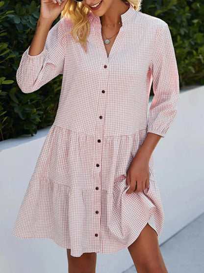 Women's Summer Dresses Casual V Neck Button Down 3/4 Sleeve Floral Print Loose Flowy Shirt Dress