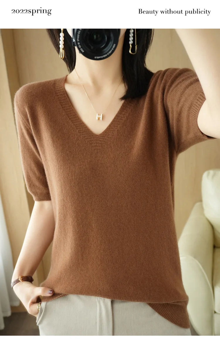 Spring/Summer 2022 Ladies Sweater Pullover Solid Color V-neck Half-sleeved Knitted Cashmere Sweater Thin Casual Top