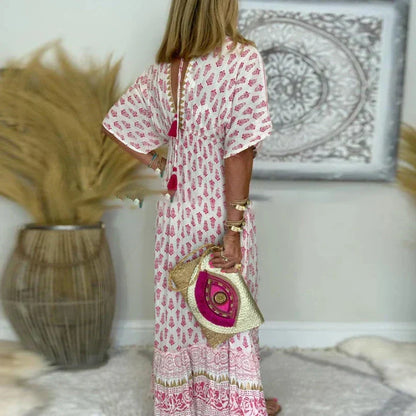 Women's Boho Print Maxi Dress Pink Floral Long Loose V-Neck Short Sleeve Summer Beach Casual Flowy Sundress