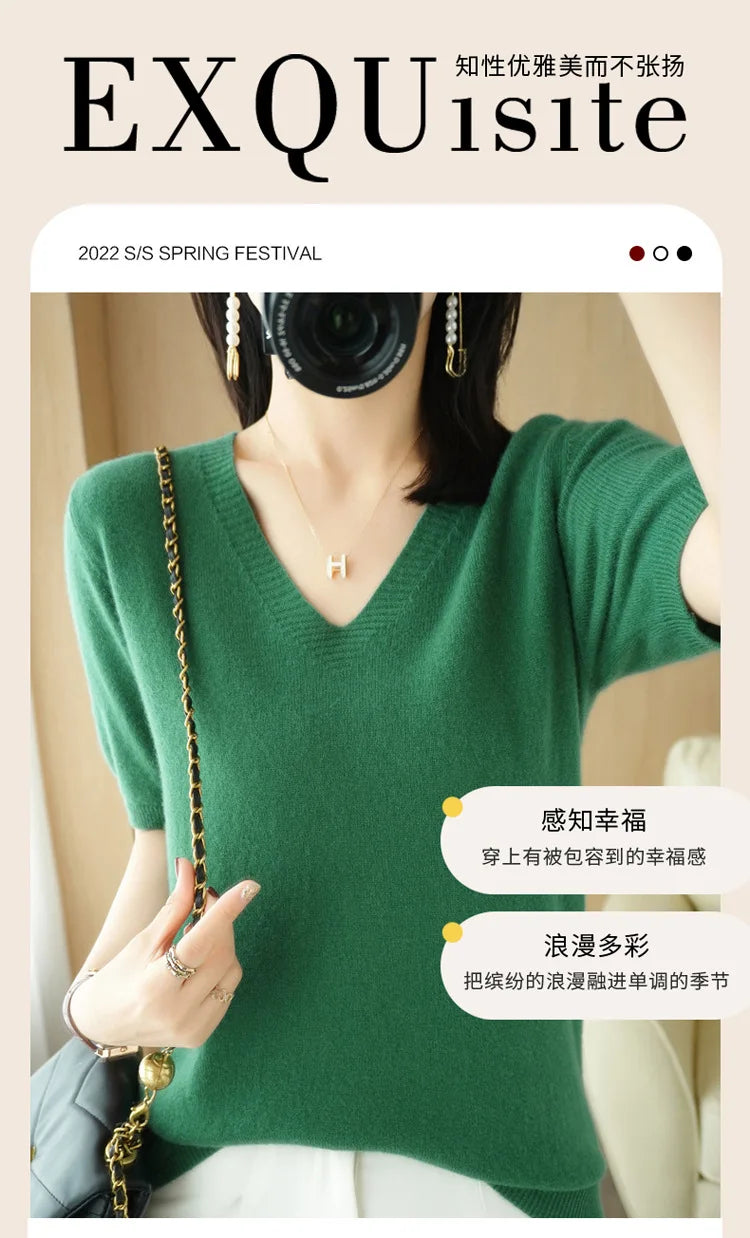 Spring/Summer 2022 Ladies Sweater Pullover Solid Color V-neck Half-sleeved Knitted Cashmere Sweater Thin Casual Top